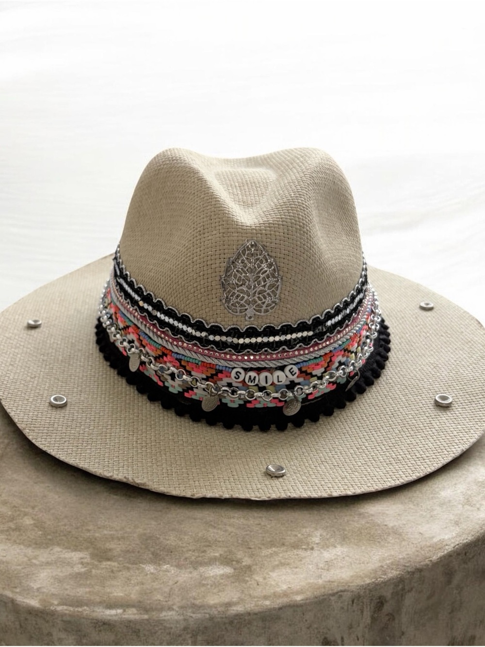 Boho Embellished Beige Straw Fedora Hat - SMILE Accent